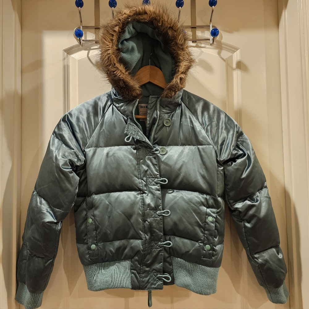 Old Navy Girl’s Down Puffer Jacket Fleece Lined Hooded XL 10-12Y Green